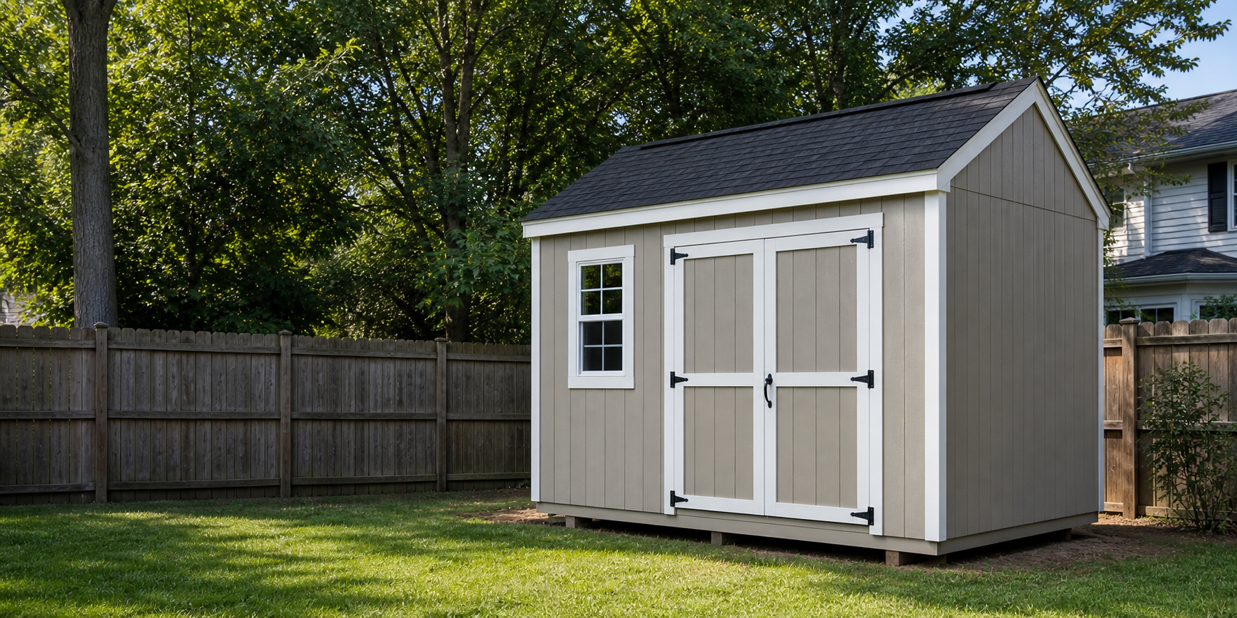 One finished custom shed in a normal Greensboro backyard