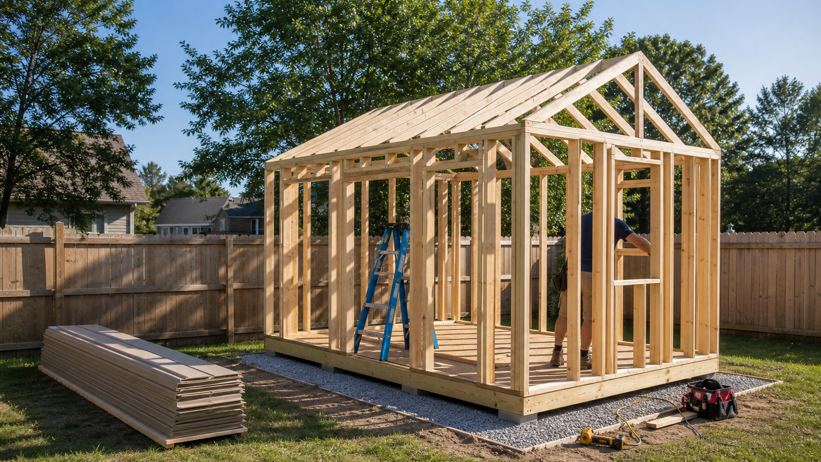 One custom shed being built on site in a Greensboro backyard